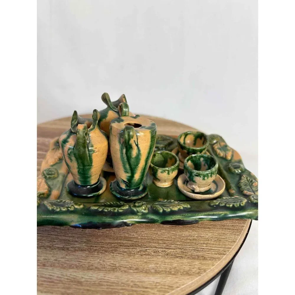 Majolica Pottery Miniature‎ Dollhouse Tea Set 9 Pieces Green Beige Rustic